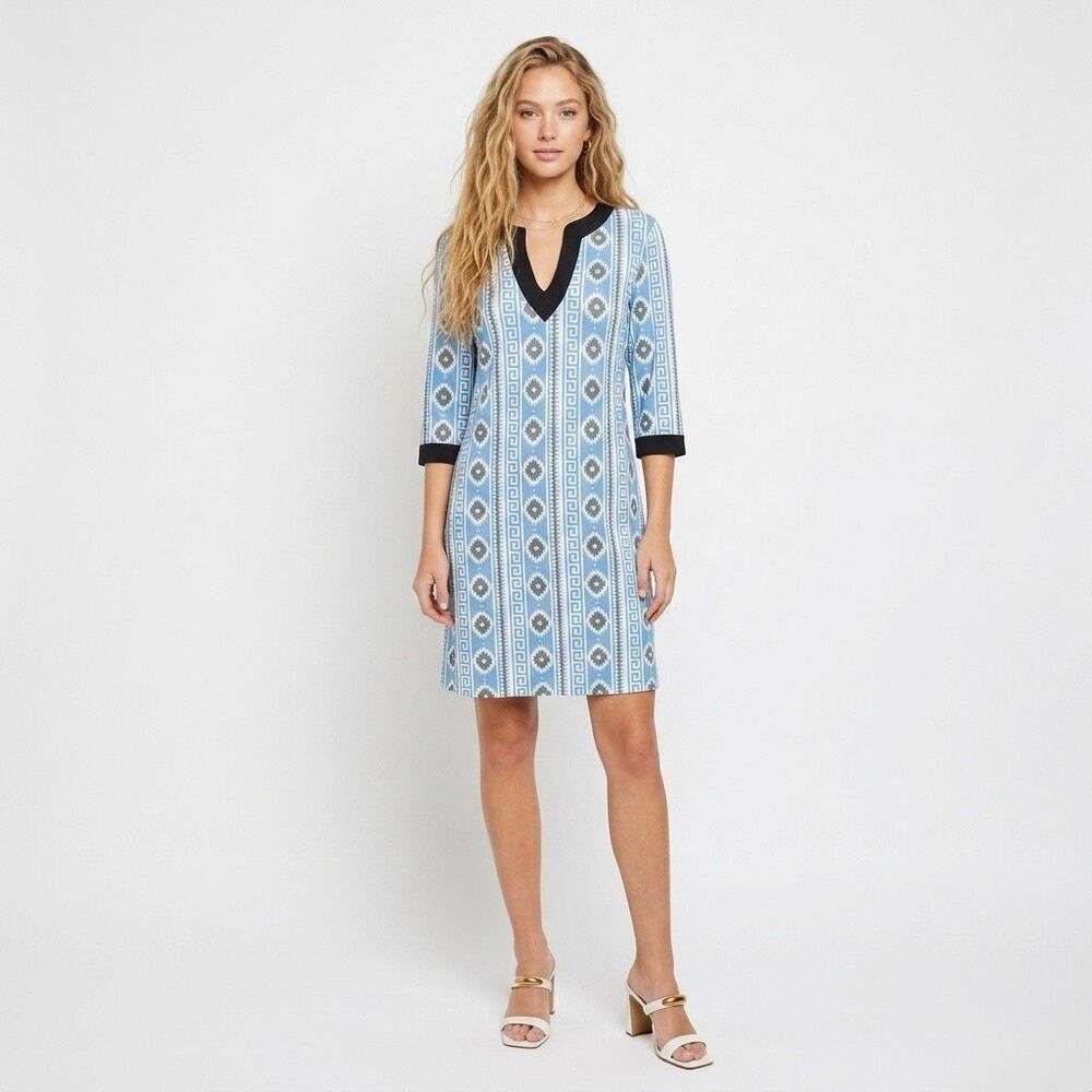 Almatrichi Coastal Preppy Blue Geometric Aztec Boho Vacation Dress 38 Small